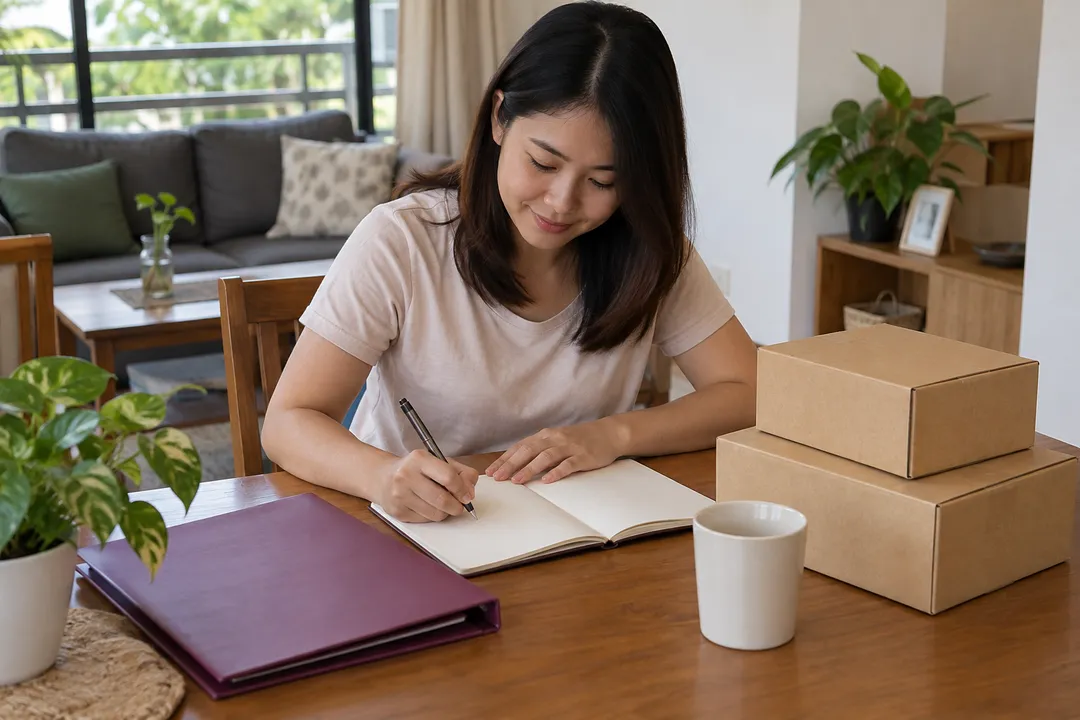Ilustrasi pelanggan menulis dalam buku nota penerimaan dengan folder plum dan dua karton tertutup.
