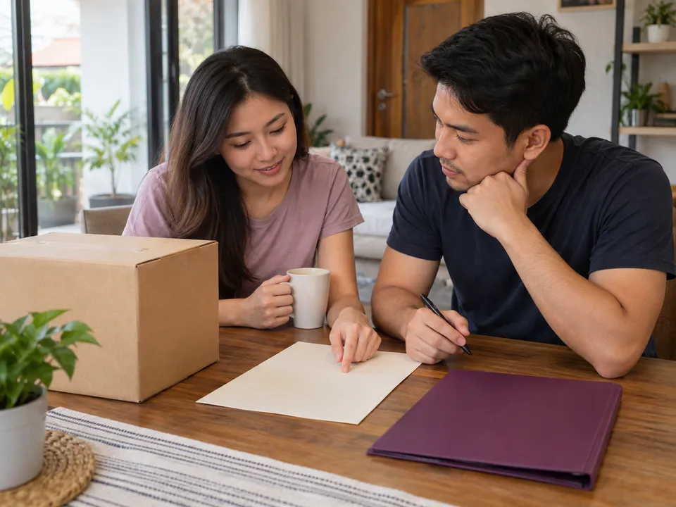 Ilustrasi dua pelanggan membincangkan kad nota penerimaan kosong dengan folder plum dan karton di meja rumah.